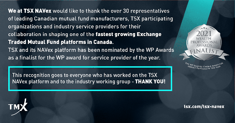 Award from WP Awards, identifying TSX NAVex platform as a finalist for the WP Award for Service Provider of the Year