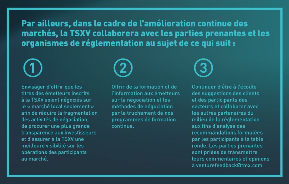 Notes sur les sujets que la TSXV collaborera avec les parties prenantes et les organismes de réglementation.